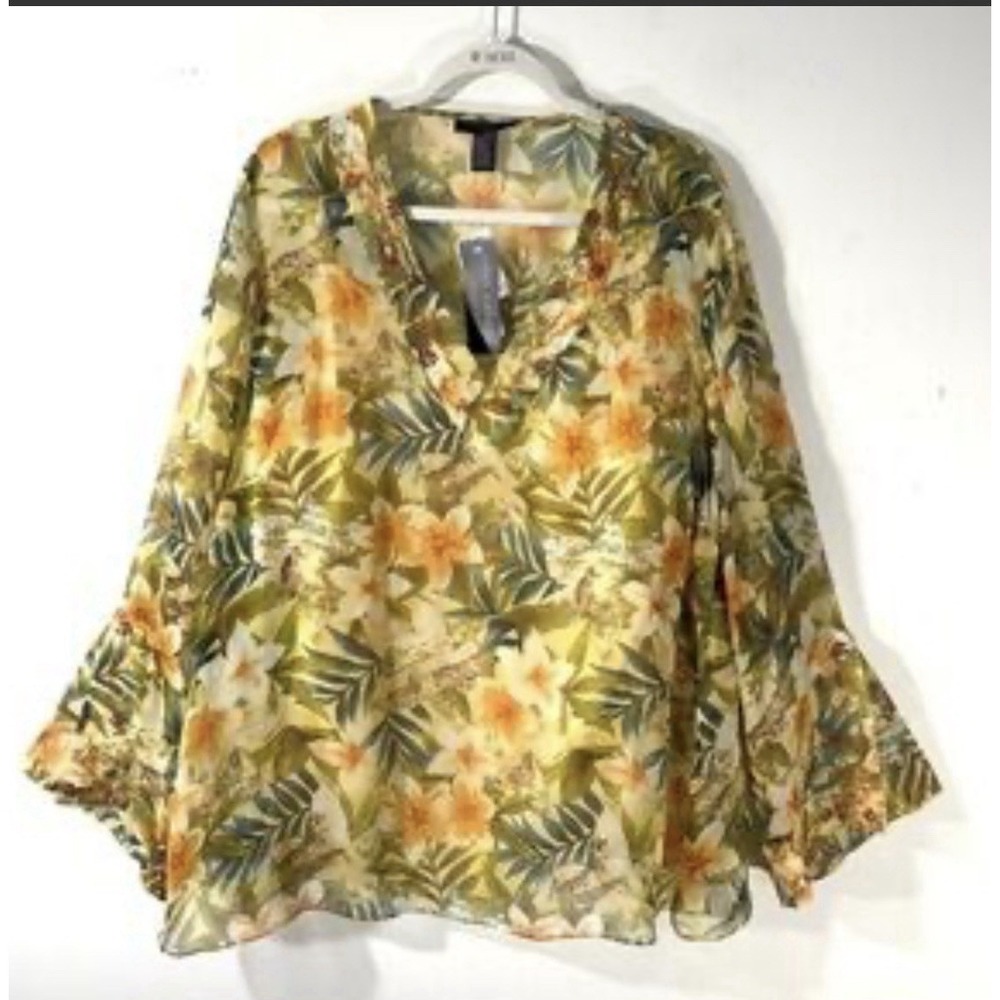 Ann Carson‎ Silk Yellow Tropical Safari Blouse Size 1X Sheer Zebra Embroidered